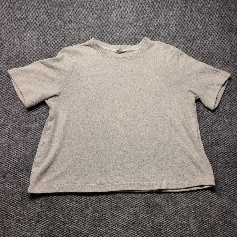 HM MAMA Maternity Top XL Beige Short Sleeve Boucle Knit Crew Neck P/N 11162437